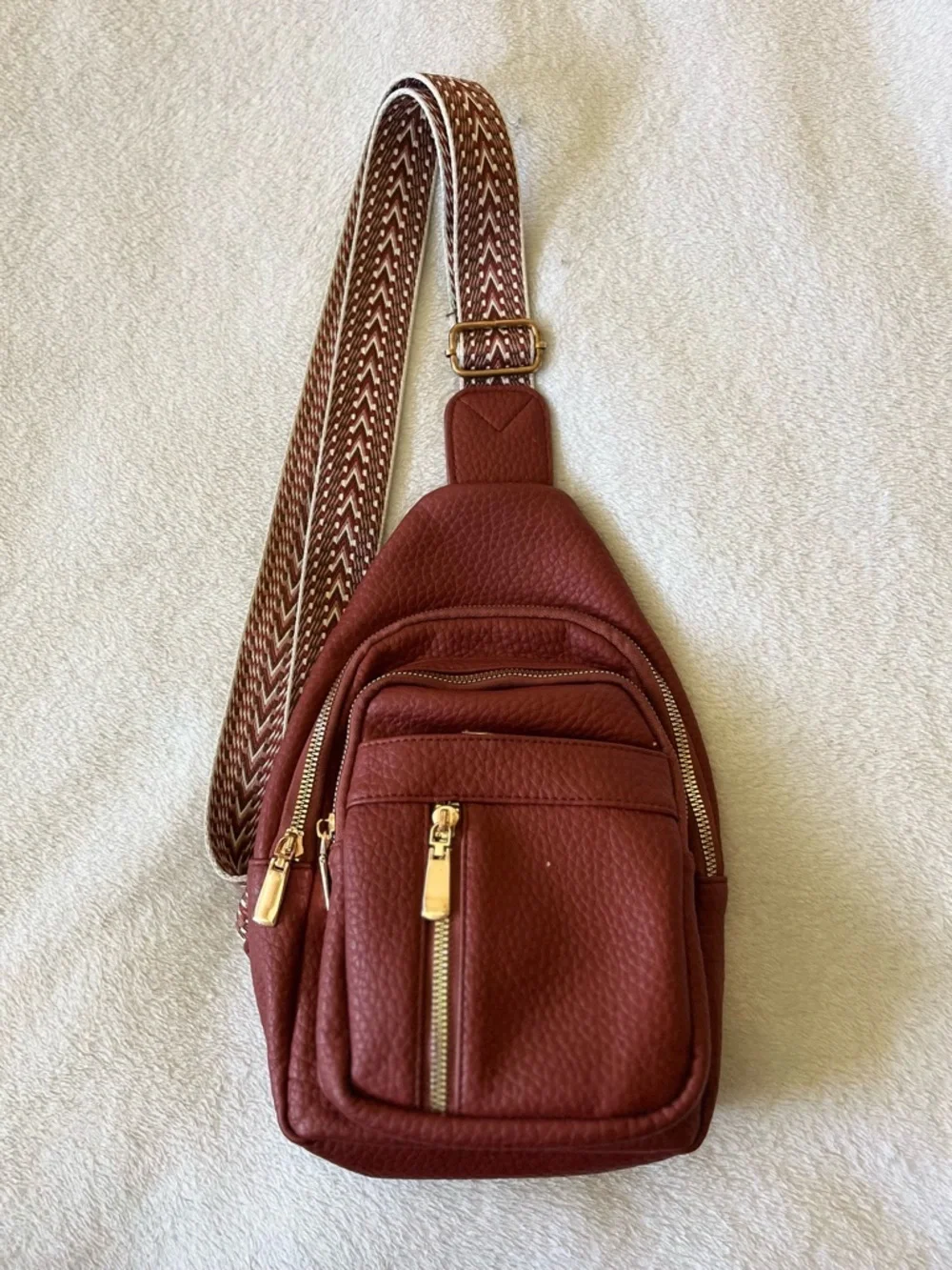 Women’s Crossbody Sling Bag in Burgundy with Gold Hardware